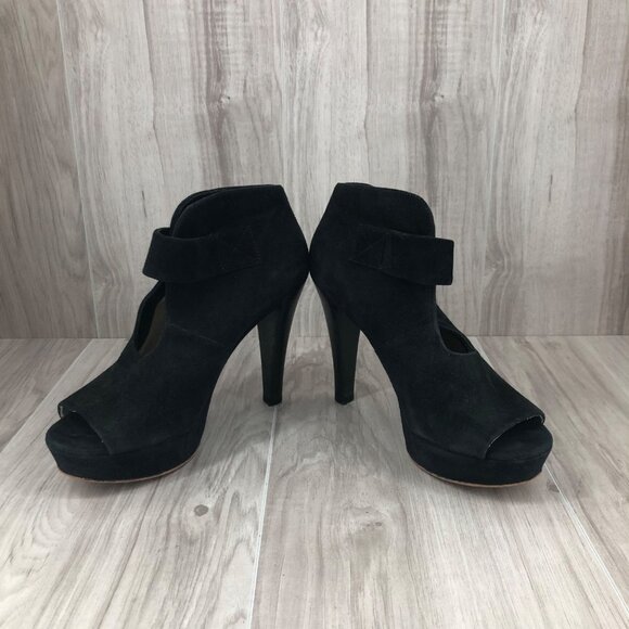 Michael Kors Heel Booties Woomens 7M Davenport Black Suede Peep Toe Ankle Boots - Picture 5 of 13